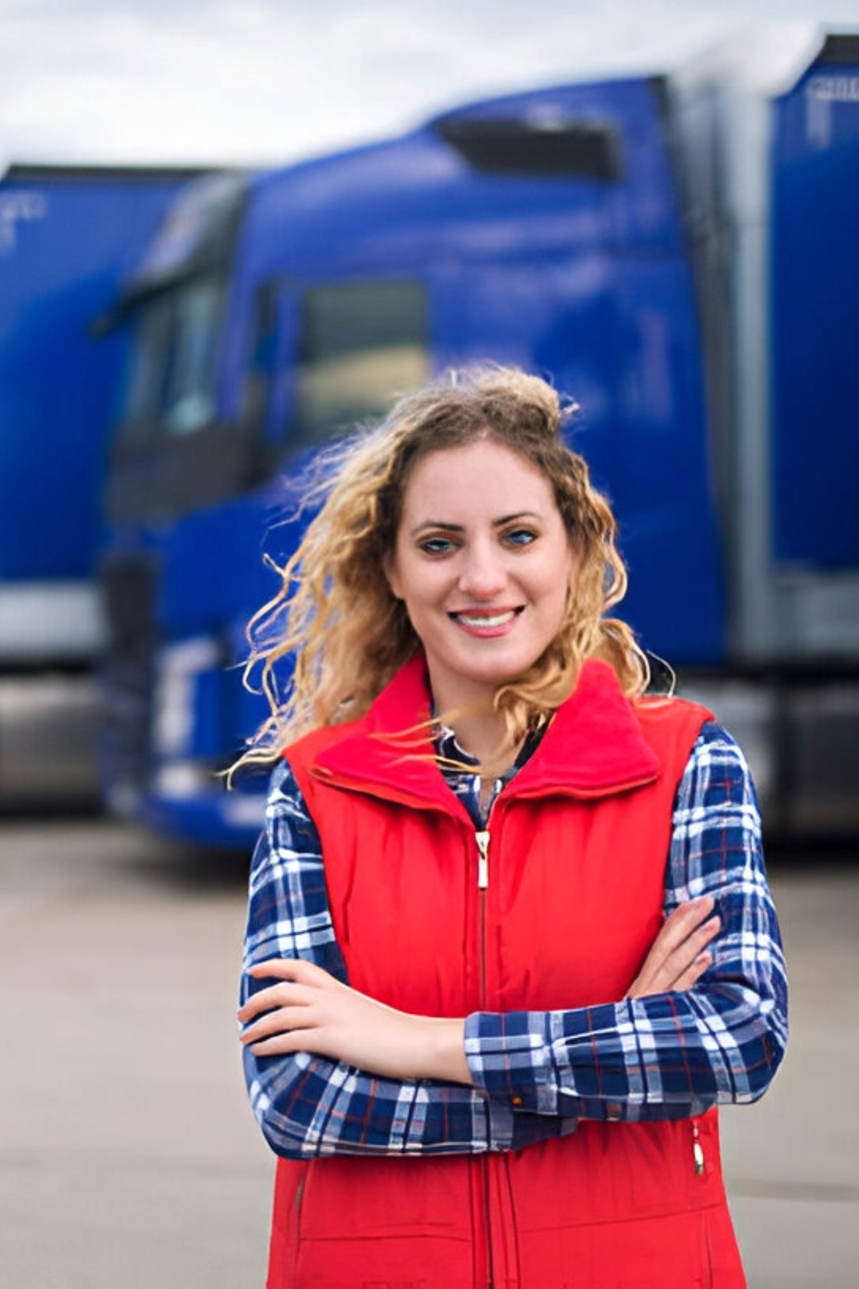 Girl in Red Jacket Standing next to Truck